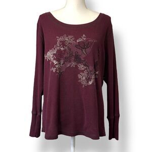 Torrid Burgundy Thermal Long Sleeve Top Screen Print Wide Neck Sz 2X